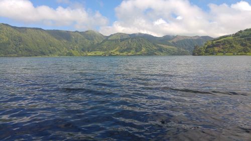 Scenic view of lake against cloudy sky