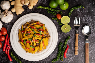 High angle view of vegetables in bowl on table