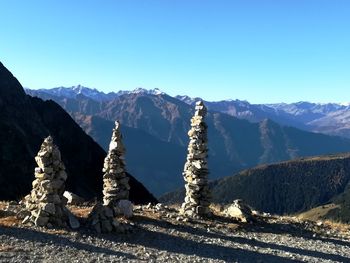 Panoramic view of snowcapped mountains against clear blue sky