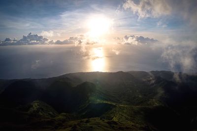 Scenic view of sea and mountains against sky