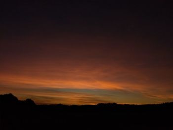 Silhouette landscape against dramatic sky during sunset