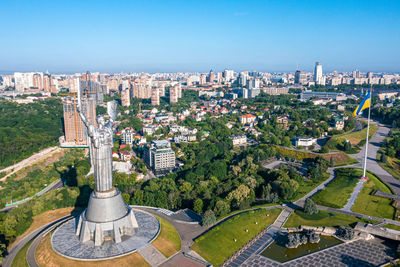 Aerial view of the mother motherland monument in kiev.