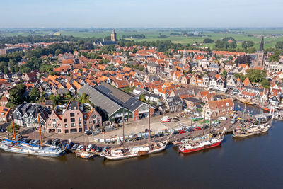 High angle view of buildings in city