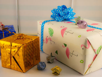 Close-up of flowers in box on table
