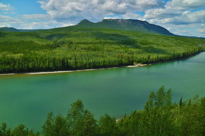 Scenic view of lake and mountains against sky