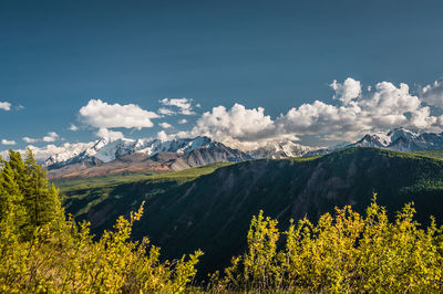 Scenic view of mountains against cloudy sky