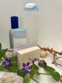 Close-up of white and purple roses in glass on table