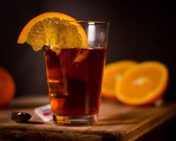 Close-up of beer in glass on table