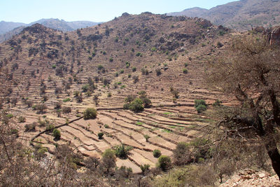 High angle view of land and mountains against sky