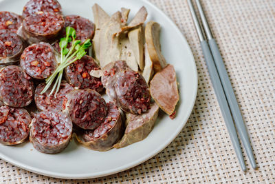 High angle view of food in plate on table