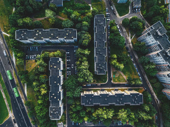 Aerial view of buildings and trees in city
