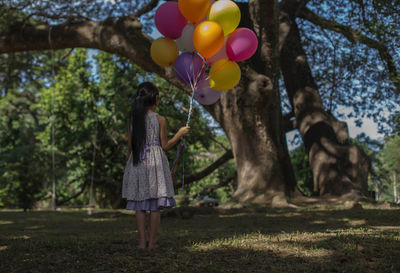 Rear view of girl holding balloons while standing on land