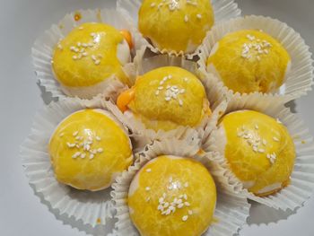 High angle view of cupcakes on table