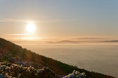 Morning sun over a layer of fog penetrated by hills