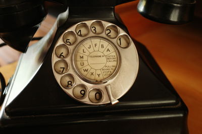 Close-up of telephone booth on table