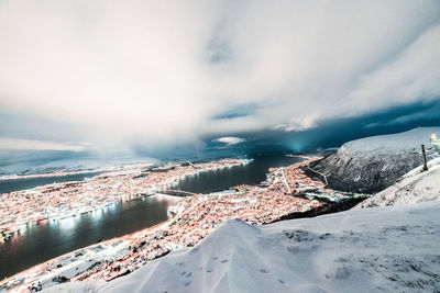 Aerial view of snowcapped mountains against sky