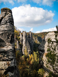 Rock formations by mountains against sky