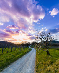 Empty road amidst field against sky during sunset