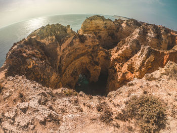 Rock formations in sea against sky