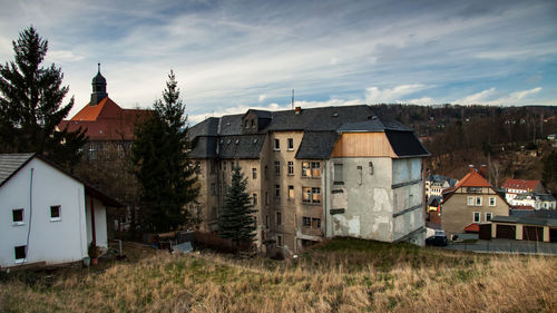 Buildings in a field