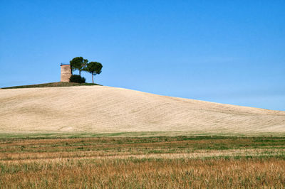 Castle on field against clear blue sky