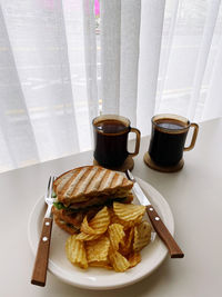 High angle view of breakfast served on table