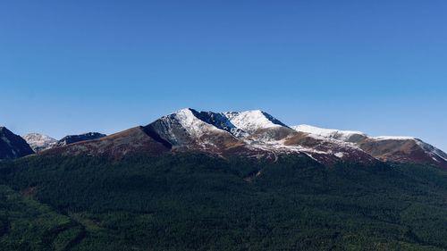 Scenic view of snowcapped mountains against clear blue sky