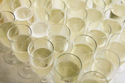 High angle view of many wine glasses on table at celebration