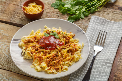 High angle view of food in plate on table