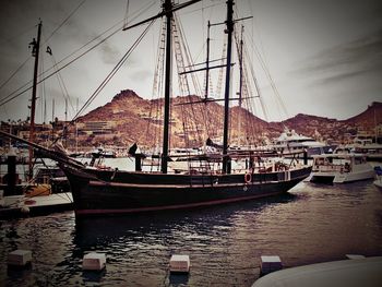 Sailboats moored in harbor