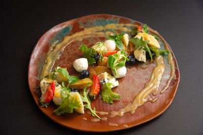 High angle view of food in plate on table
