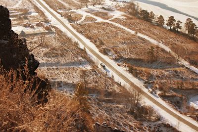 High angle view of road amidst rocks