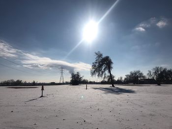 Scenic view of snowcapped field against sky