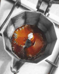 High angle view of meat in cooking pan