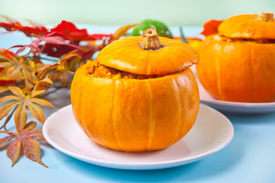 Close-up of pumpkin in plate on table