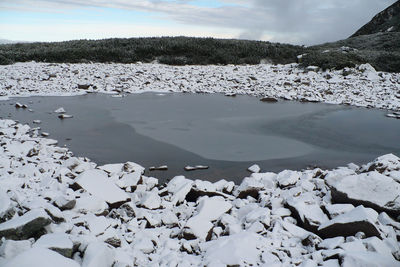 Scenic view of frozen lake against sky