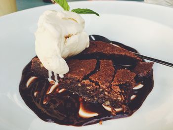 Close-up of chocolate cake in plate