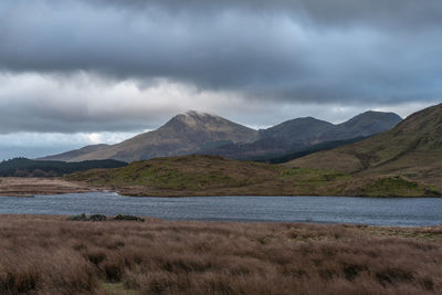 Scenic view of lake and mountains against sky