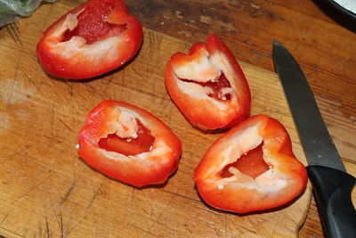High angle view of bell peppers on table
