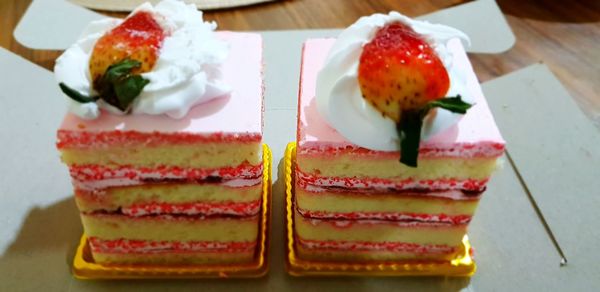 Close-up of cake served on table