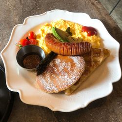 High angle view of breakfast served on table