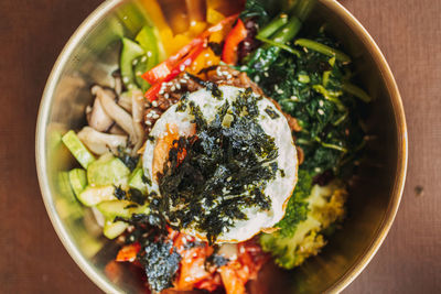 High angle view of meal served in bowl on table