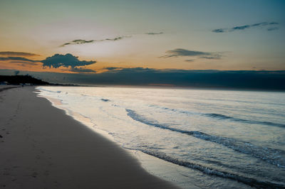 Scenic view of beach against sky during sunset