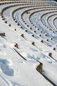 High angle view of snow covered field