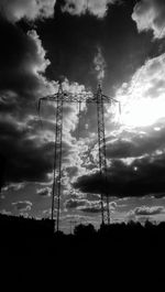 Low angle view of electricity pylon against cloudy sky