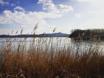 Scenic view of lake against cloudy sky