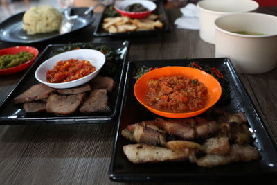 Close-up of food served on table