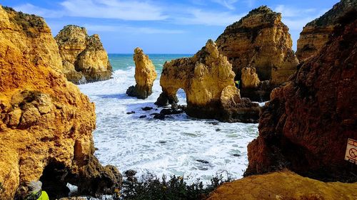 Panoramic view of rocks on beach against sky