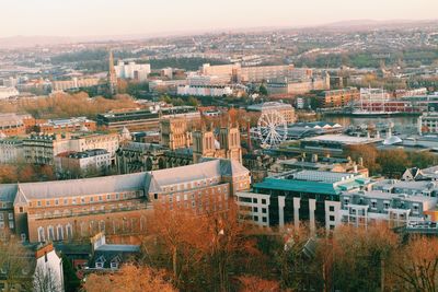 High angle shot of townscape against sky