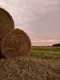 Hay bales on landscape against sky